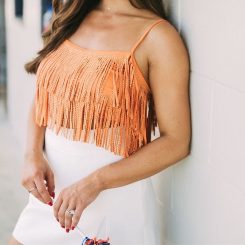 Rhinestone fringe orange top